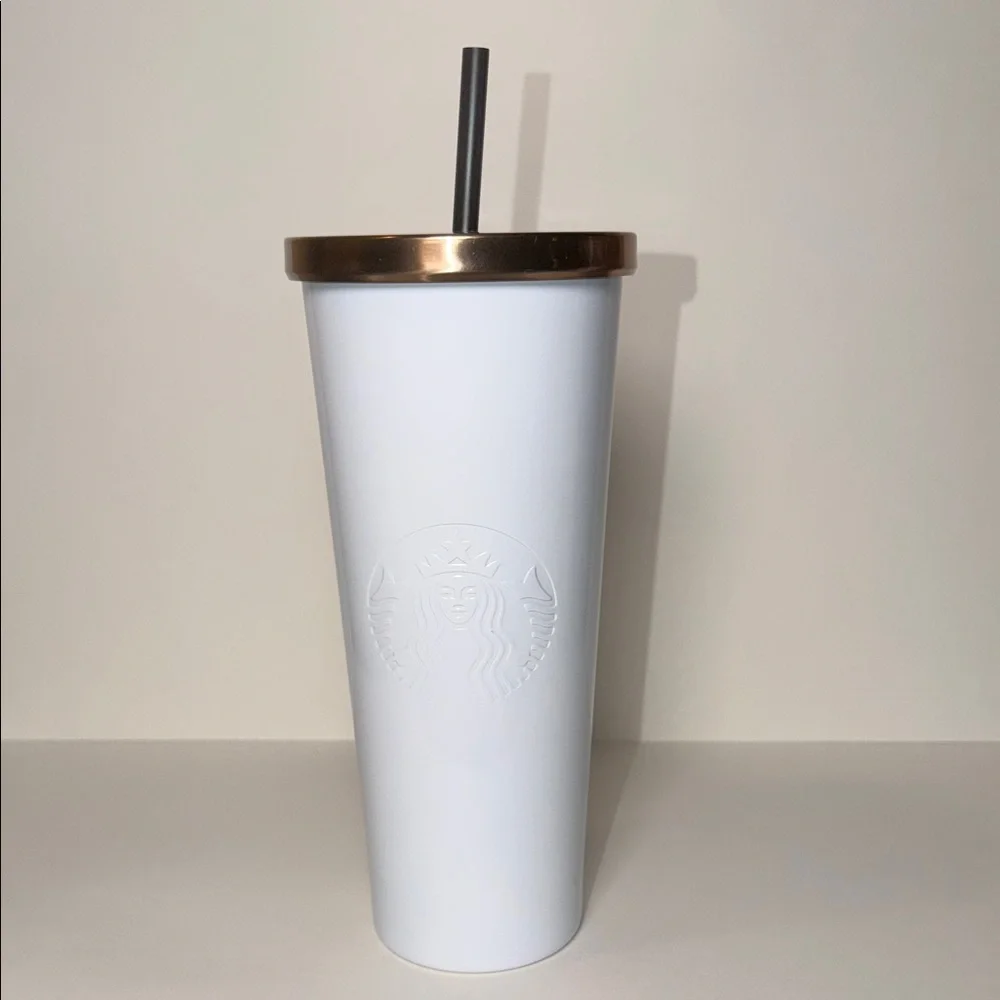 Starbucks 2015 White Embossed Siren SS Cold Cup Venti Rose Gold Lid 24oz NWT